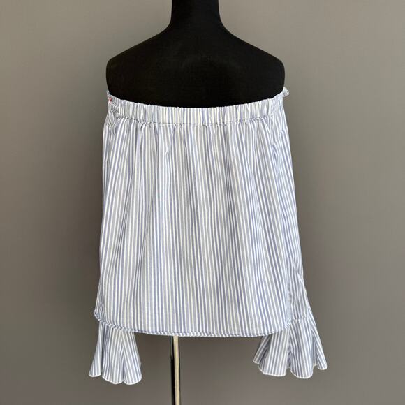 Free people blue and white striped off the shoulder button up  crop top - size S - Picture 2 of 11